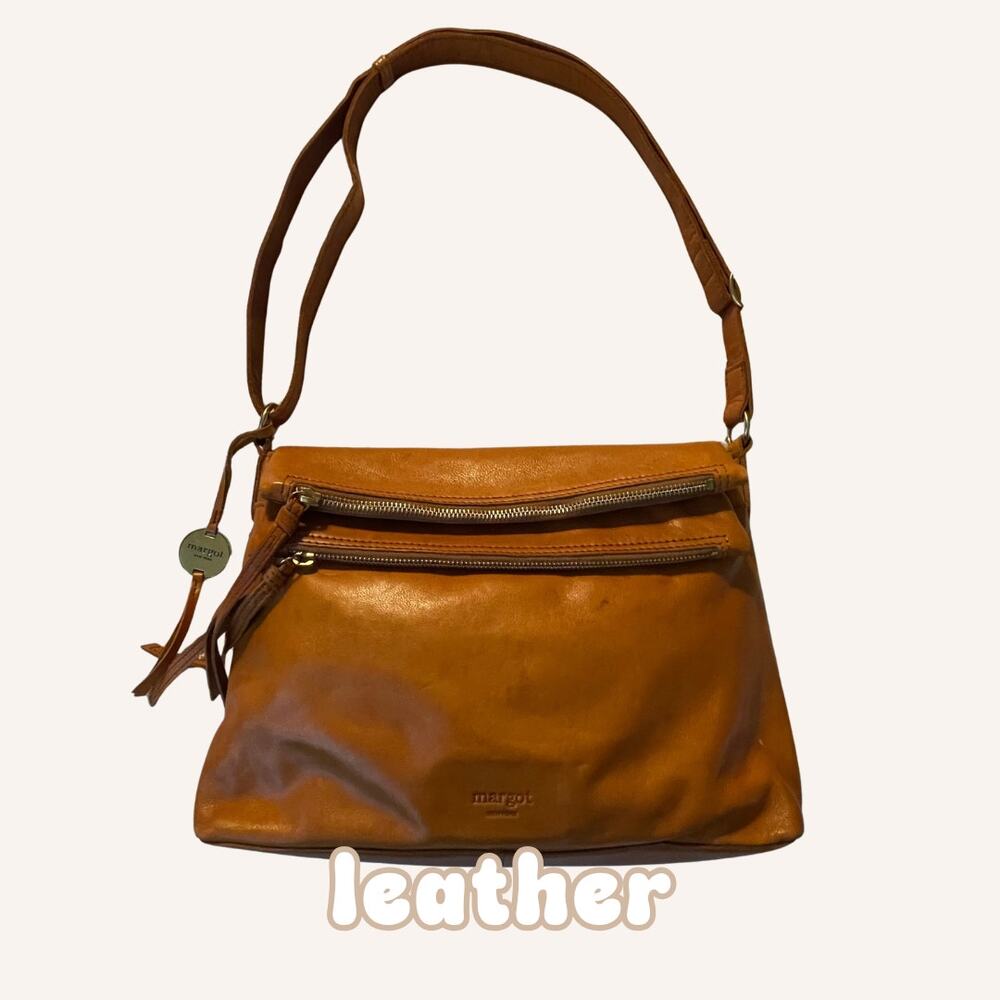 MARGOT NEW YORK bag tan cognac leather foldover crossbody purse shoulder